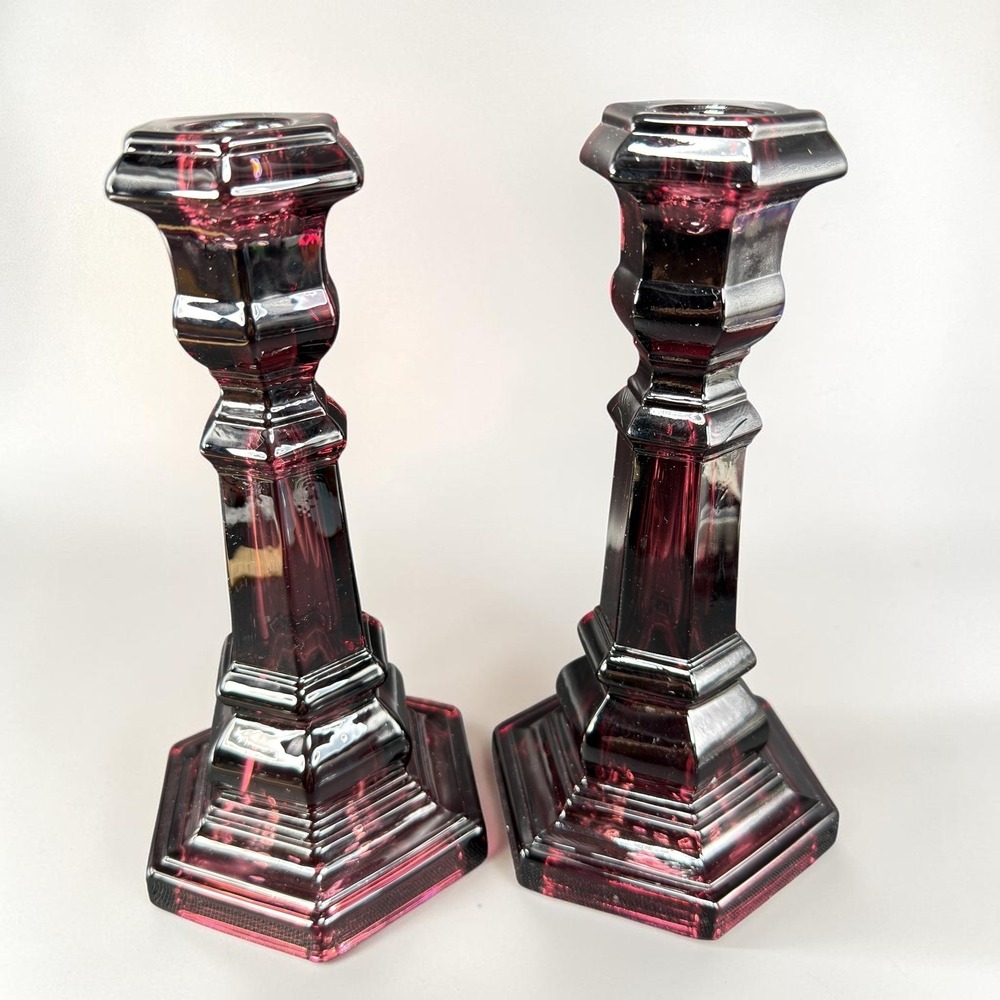 MMA Amethyst Glass Candlesticks Pair Purple Hexagonal Metropolitan Museum of Art
